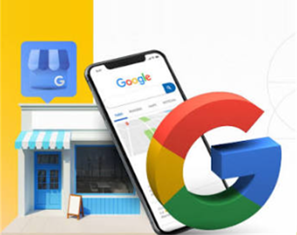 Fachada de loja com o ícone do Google Meu Negócio e um celular mostrando a busca no Google